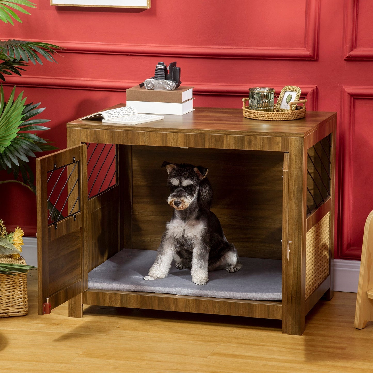Dog Crate Furniture with Cushion, Dog Kennel End Table with Double Doors, Latch, Indoor Use, for Small and Medium-Sized Dogs, Walnut