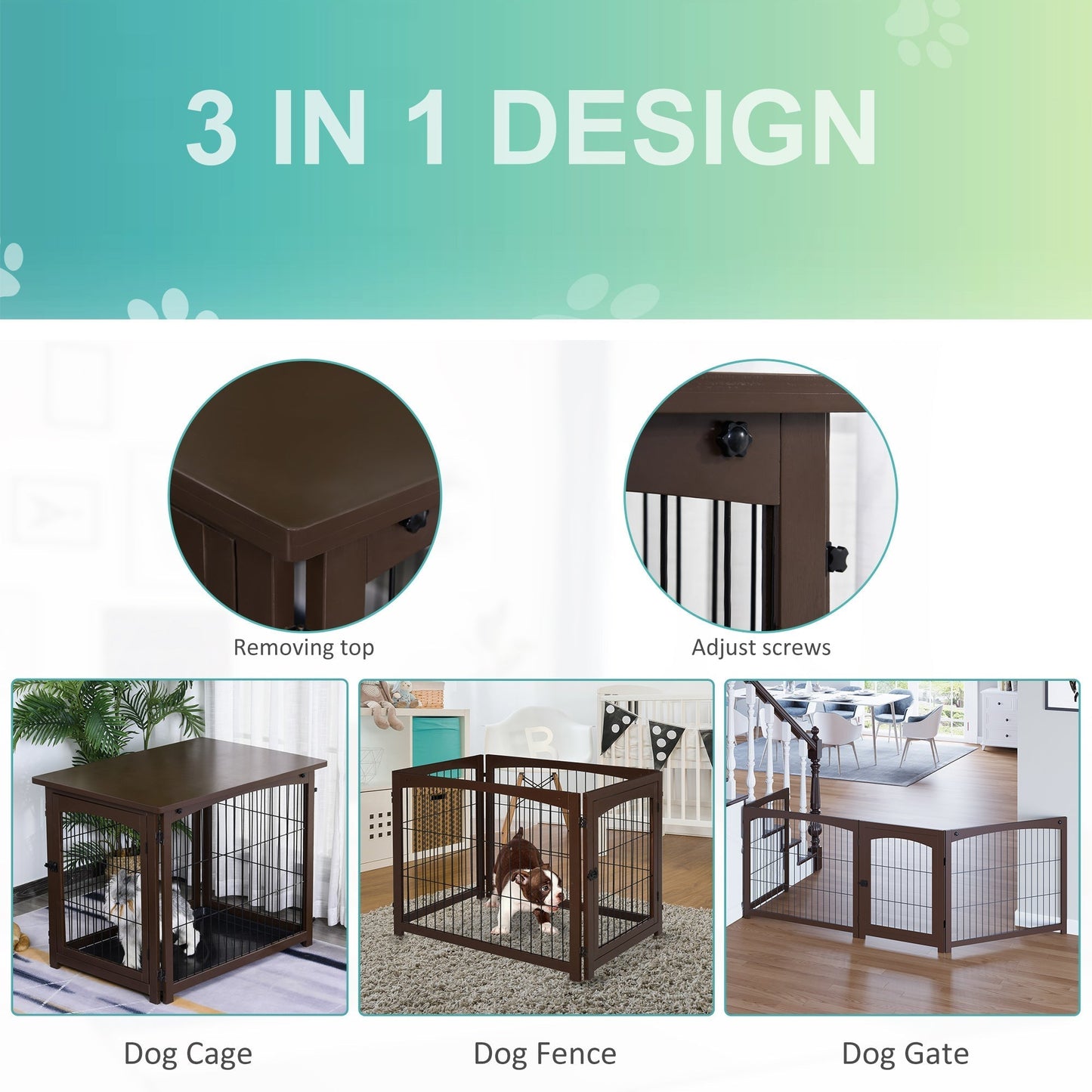 Wooden Decorative Dog Cage Pet Crate with Fence Side Table Small Animal House and Tabletop, Brown