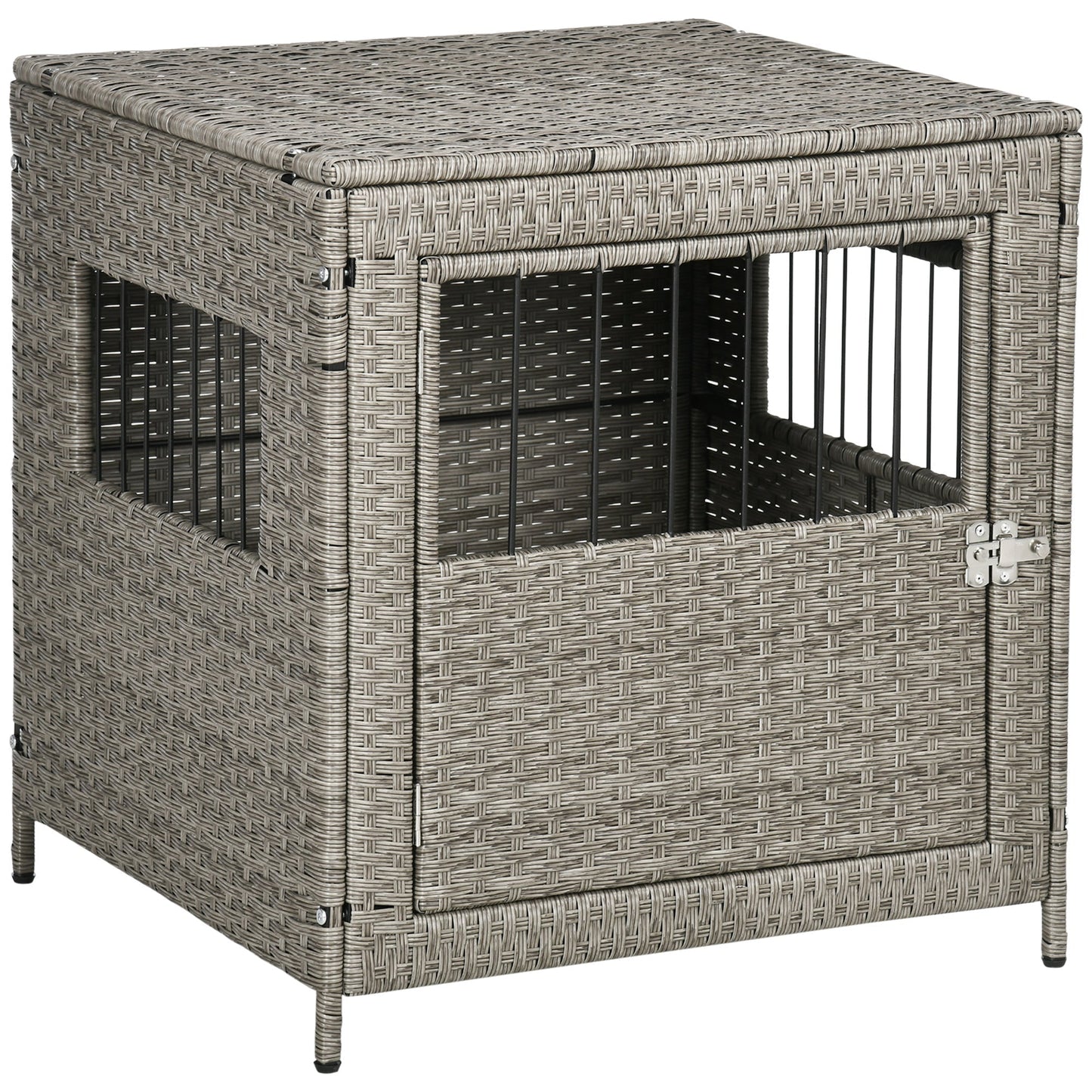 Rattan Dog Crate, Wicker Dog Cage with Lockable Door and Soft Washable Cushion, Dog Kennel Furniture for Small Sized Dogs, Grey