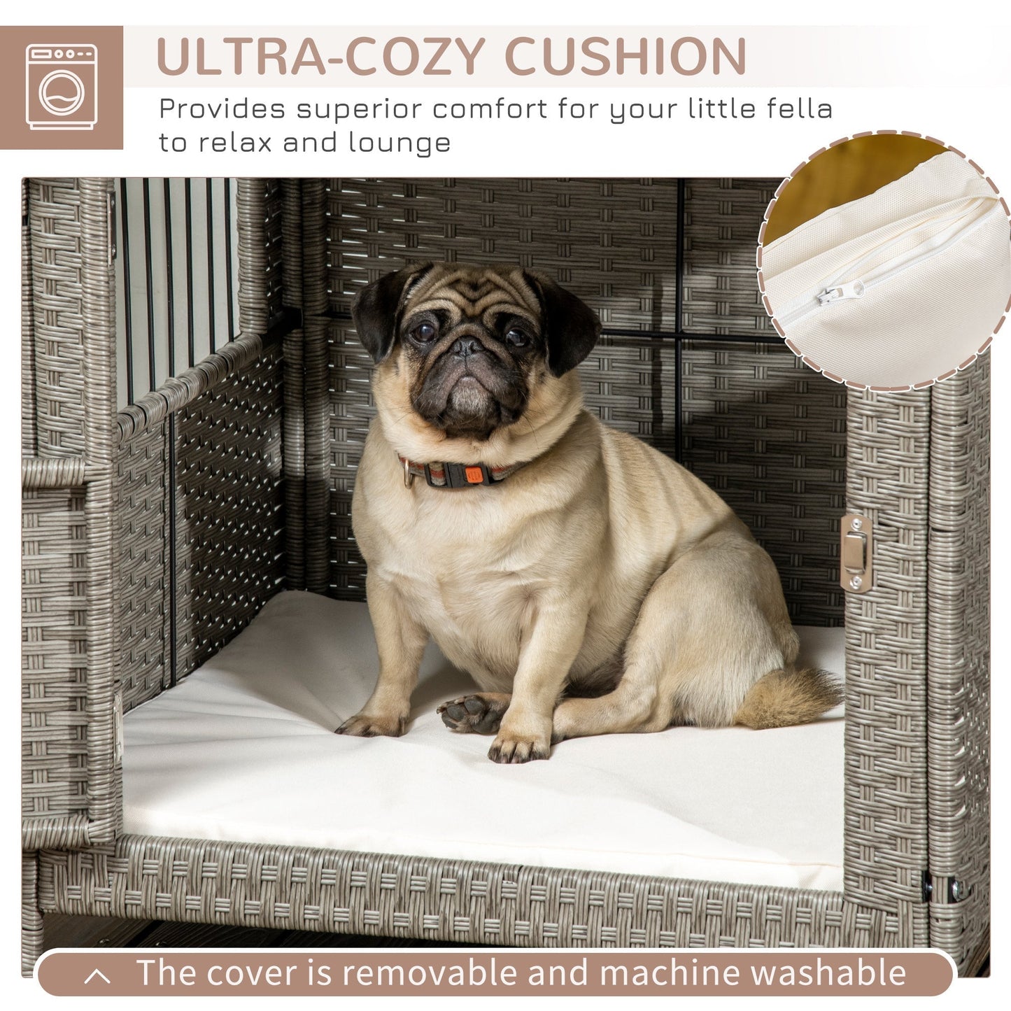 Rattan Dog Crate, Wicker Dog Cage with Lockable Door and Soft Washable Cushion, Dog Kennel Furniture for Small Sized Dogs, Grey